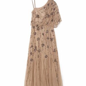 Adrianna Papell Nude Sequin One-Shoulder Evening Gown | Size 2 | Formal Beaded